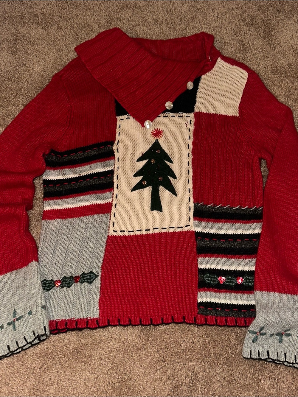 Vintage Red Patchwork Christmas Sweater with velvet tree